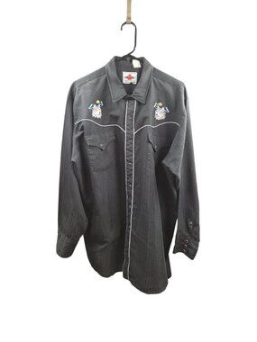 MWG Western Wolf Embroidered Men's XXL Pearl Snap Long Sleeve Shirt Black VTG